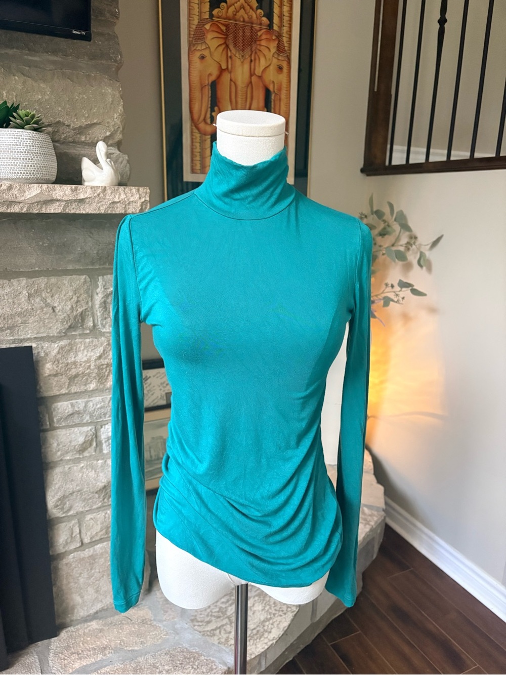 Babaton Teal Ruched Turtleneck Long Sleeve Top Small